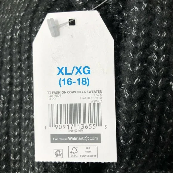 Time & Tru Womens Cowl Neck Sweater Black Heathered Longline Relaxed Fit Casual - Picture 10 of 12